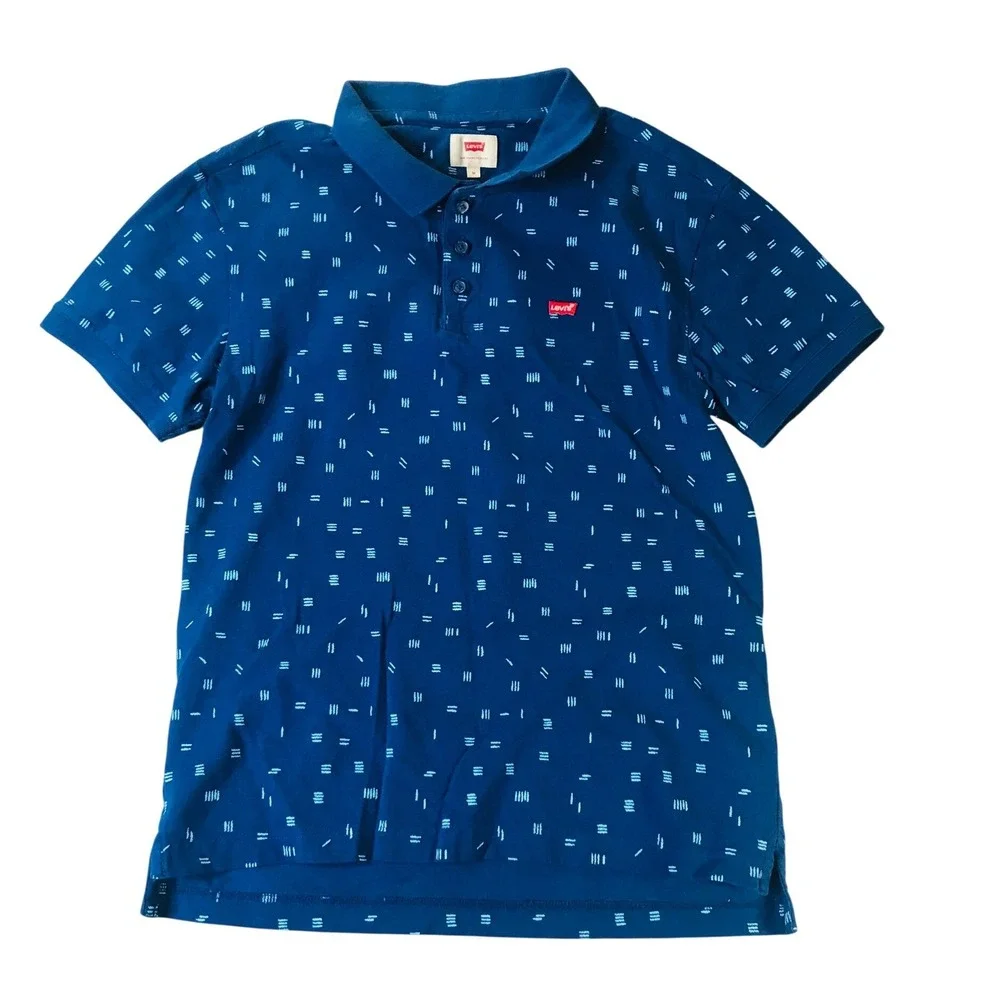 Levi's Polo Shirt Mens Medium Blue Geometric Dash Print Short Sleeve Logo Pique